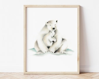 Polar Bear Print, Nursery Wall Decor, Polar Bear Mother and Baby Print, Gender Neutral Baby, Baby Shower Gift for Boy, Gift for Baby Boy