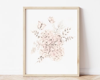 Flower and Butterfly Nursery Prints, Personalized Baby Girl Floral Wall Art, Flower Pencil Drawing, Girl Wall Decor,