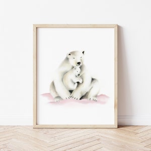 Polar Bear Mom and Baby, Arctic Nursery Wall Decor, Polar Bear Family Print, Gender Neutral Baby, Scandi Nursery Art, Animal Family Print