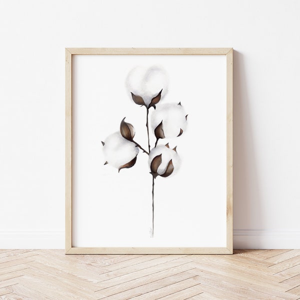 Cotton Branch Print, Cotton Ball Painting, Floral Artwork, Mothers Day Gift, Cotton Stem Print, Nature Picture, Farmhouse Decor Gift,