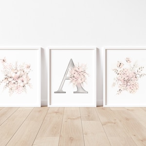 Flower Initial Print Set: Blush Nursery Decor, Custom Letter Art