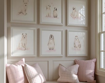 Arctic Animal Nursery Prints: Sepia Pink Pencil Drawings, Scandi Decor, Set of 6