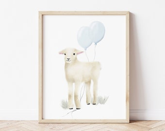 Lamb Nursery Art, Baby Boy Nursery, Lamb Balloons Print, Farmhouse Nursery, Baby Wall Decor, Baby Animal Print, Kids Wall Art