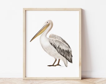 Impressão artística em aquarela de pelicano: pintura de ave marinha costeira, decoração náutica para quarto de bebê.