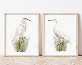 Great Egret Bird Prints, Set of 2 Tall White Birds, Coastal Bird Art Prints, Wading Bird Prints, Bird Lover Painting Gift, Lake Birds Art