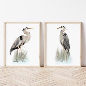 Heron Bird Art Prints, Set of 2 Great Blue Herons, Coastal Bird Art, Tall Wading Bird Prints, Mom Gift, Nautical Bird Art, Bird Paintings