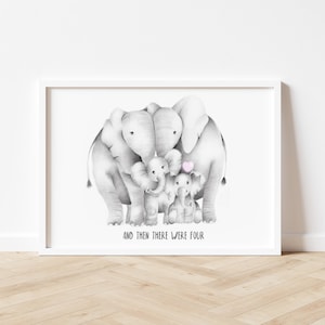 Elephant Family Print, And Then There Were 4, Love heart, Safari Animal Print, Sketch Animal Art, Nursery Art, New Baby Elephant Gift,