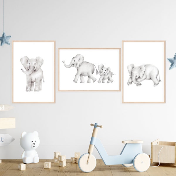Elephant Sketch Nursery Prints, Elephant Family Prints, Gender Neutral Baby, Safari Art Print, Mère et bébé, Elephant Family Gift