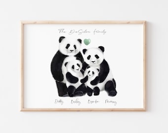 Personalized Panda Family Art Print, Custom Panda Bear Family Name Sketch, New Family Gift, Customized Gift for New Mom, Panda Gift