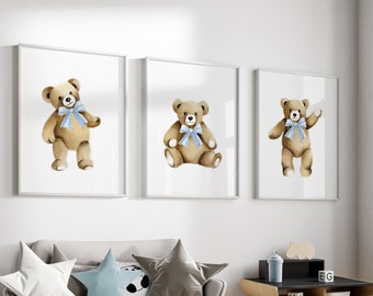 Teddy Bear Nursery Art, Set of 3 Teddy Prints, Baby Wall Decor, Teddy Bear Shower Gift, Teddies with Bows Prints, Classic Teddy Art