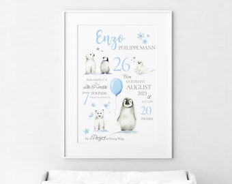 Arctic Animals Birth Announcement, Penguin Nursery Art Print, Personalized Baby Name Print, Custom Gift for Baby, Polar Bear Nursery Print