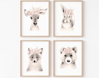 Woodland Nursery Prints, Blush Flower Crown, Bunny, Fox, Bear, Deer, Fluffy Faces, Baby Animal Art, Baby Girl Nursery, Pink Flower Sketch,