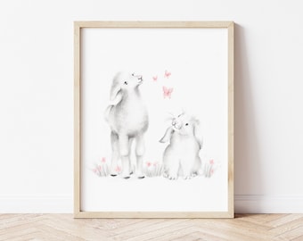 Bunny and Lamb Nursery Art, Farmhouse Nursery Decor, Baby Lamb Bunny Sketch, Blush Pink Farm Animal Print, Baby Girl Nursery, Farm Animals