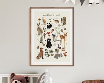 Woodland Animal Nursery Art Print: Forest Animals & Flowers