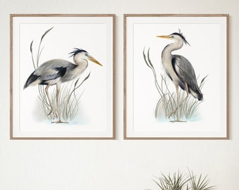 Heron Art Wall Decor, Set of 2 Great Blue Heron Prints, Boho Bird Art, Coastal Bird Pictures, Mom Gift, Nautical Bird Art, Bird Paintings