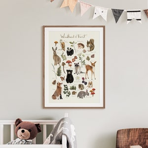 Woodland Animal Nursery Art Print: Forest Animals & Flowers