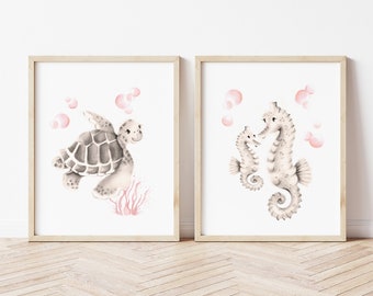 Ocean Nursery Art Prints, Sweet Blush Pink Nursery Decor, Baby Sea Animal Sketches, Nautical Nursery, Baby Girl Wall Art, Coastal Baby Set,