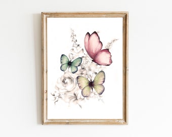 Schmetterling Kunstdruck, Vintage Stil Schmetterlinge, Natur Kunst, Schmetterling Wanddekor, Bauernhaus Wanddekor, Schmetterling Zeichnung, Floral Art Print