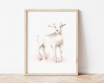 Lamb Nursery Art Print, Baby Girl Farm Nursery Decor, Lamb Drawing Sketch, Sheep Nursery, Lamb Baby Shower Gift for Girl,