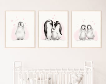 Penguin Nursery Art, Set of 3 Arctic Animal Prints for Babys Room, Animal Pencil Drawing, Baby Girl  Decor, Baby Boy's Room, Gift for Baby