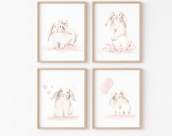 Set of 4 Mix and Match Bunny Prints, Girls Room Nursery Decor, Bunny Drawings, Bunny with Balloons, Flower, Hearts, Newborn Baby Girl Gift,