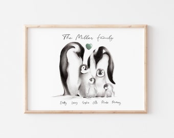 Penguin Art Print Gift, Personalized Penguin Family, Custom Penguin Family Name, Penguin Sketch, New Family Gift, New Baby Gift, Mom Gift,