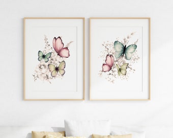 Butterfly Flower Art Prints, Farmhouse Decor, Floral Wall Art, Cottagecore Prints, Vintage Style Prints, Mothers Day Art Print Gift,