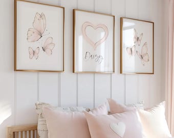 Blush Pink Butterfly and Hearts Prints: Personalised Set of 3