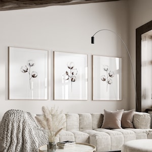 Cotton Branch Print, Set of 3 Flower Prints, Farmhouse Wall Decor, Minimal Flower Wall Art, Cotton Stems Painting, Neutral Floral Art