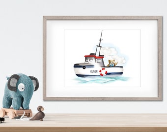 Boat Nursery Print, Custom Name Print, Nautical Kids Room Decor, Bear in Boat, Tugboat Painting, Sea Nursery Art, Transportation Picture