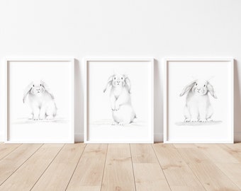 Bunny Nursery Prints, Set of 3 White Bunny Sketches, Grey and White Bunny Art, Rabbit Pencil Drawings, Gender Neutral Art, Farmhouse Nursery