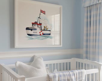 Red White Blue Boat Nursery Print: Teddy Bear Nautical Kids Room Decor