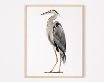 Heron Art Print, Great Blue Heron Painting, Tall Bird, Coastal Bird Artwork, Seabird Picture, Gift for Bird Lover, Bird Housewarming Gift