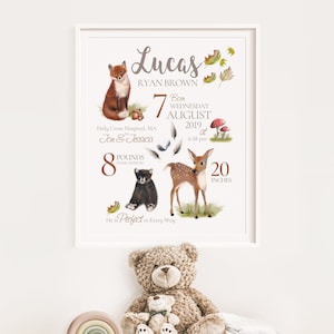 Woodland Animals Birth Announcement Print: Personalized Nursery Art