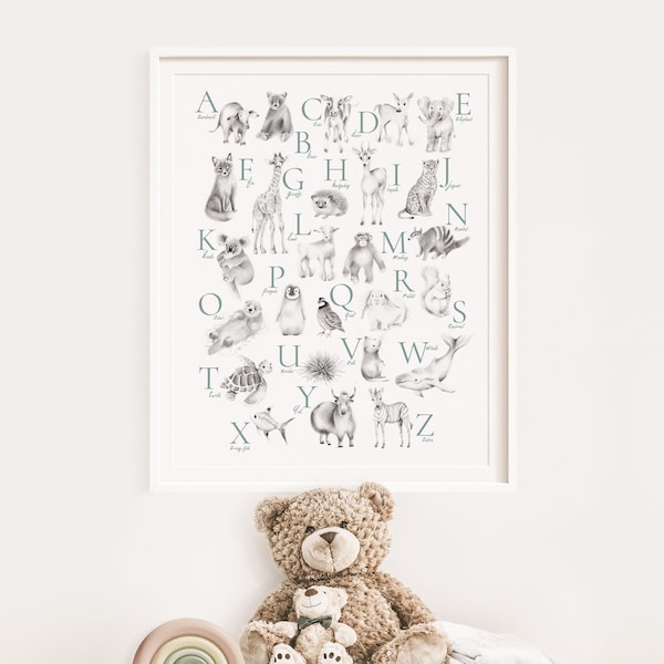 Animal Alphabet Print, Kids ABC Poster, Baby Animal Alphabet Print, Nursery Art Poster, Baby Animal Sketch, Pencil Drawing Art, Baby Gift,