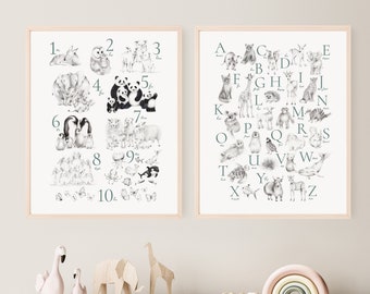 Nursery Alphabet and Numbers Prints, Baby Animal Pictures, Educational Art Prints, Neutral Nursery Wall Art, Kids Bedroom Decor Gift,