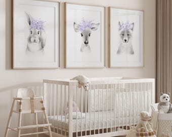 Woodland Nursery Prints: Baby Animal Lavender Flower Crowns (Set of 3)