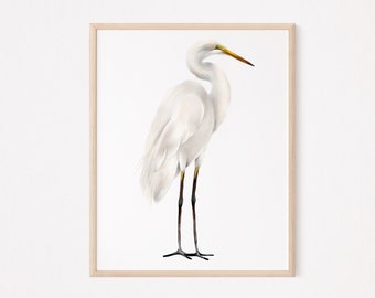 Great Egret Painting, Tall White Heron Watercolor Art, Seabird Print, Saltwater Bird Art Print, Coastal Bird Art, Nautical Bird Artwork,