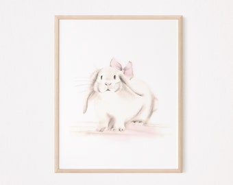 Bunny Nursery Art, Pink Bunny Bow, Baby Girl Wall Decor, Bunny Sketch for Nursery, Farmhouse Nursery, White Rabbit, Baby Rabbit Print