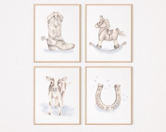 Cowboy Western Nursery Art Prints, Baby Boy Nursery Decor, Rustic Nursery, Kids Country Art Prints, Cowboy Boots, Rocking Horse, Horseshoe,