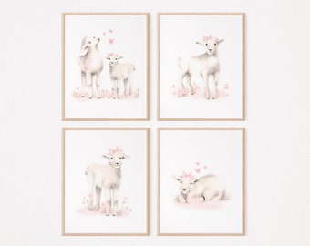 Lamb Nursery Art Prints: Blush Pink Farmhouse Decor, Set of 4