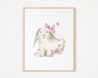 Bunny Nursery Art Print, Personalized Baby Girl Nursery Art, Bunny with Pink Flowers Picture, Baby Animal Print, Farm Nursery Decor,