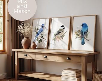 Backyard Birds Art Prints: Set of 3 Garden Birds & Flowers