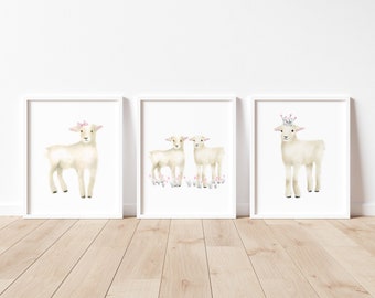 Lamb Nursery Art Prints - Set of 3 Watercolor Sheep with Pink Flowers