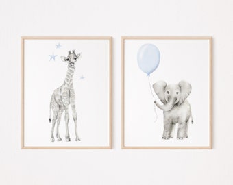 Safari Animal Nursery Art, Set of 2 Prints for Baby, Elephant and Giraffe Nursery, Baby Animal Sketch Prints, New Baby Nursery Gift,