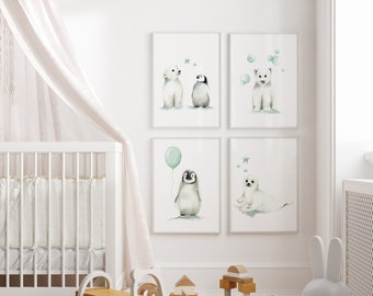 Arctic Nursery Art Set of 4 Prints, Penguin and Polar Bear Prints, Baby Boy Nursery Decor, Scandinavian Style Baby Art, Baby Penguin Art,