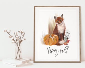 Happy Fall Fox Art Print, Autumn Print, Fox Pumpkin Leaves, Seasonal, Fall Wall Decor, Woodland Fall Picture