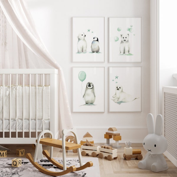 Arctic Nursery Art Set of 4 Prints, Penguin and Polar Bear Prints, Baby Boy Nursery Decor, Scandinavian Style Baby Art, Baby Penguin Art,