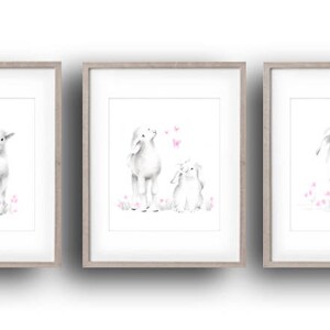 Lamb and Bunny Nursery Print, Rabbit Pencil Drawings, Set of 3, White Bunnies, Baby Girl Wall Art, Sketch, Artwork, Pink, Nursery Wall Decor