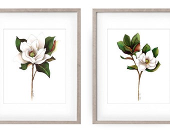 Magnolia Floral Prints, Set of 2 Flower Prints, Farmhouse Decor, Mothers Day Gift, Flower Wall Art, Floral Painting, Botanical Wall Decor